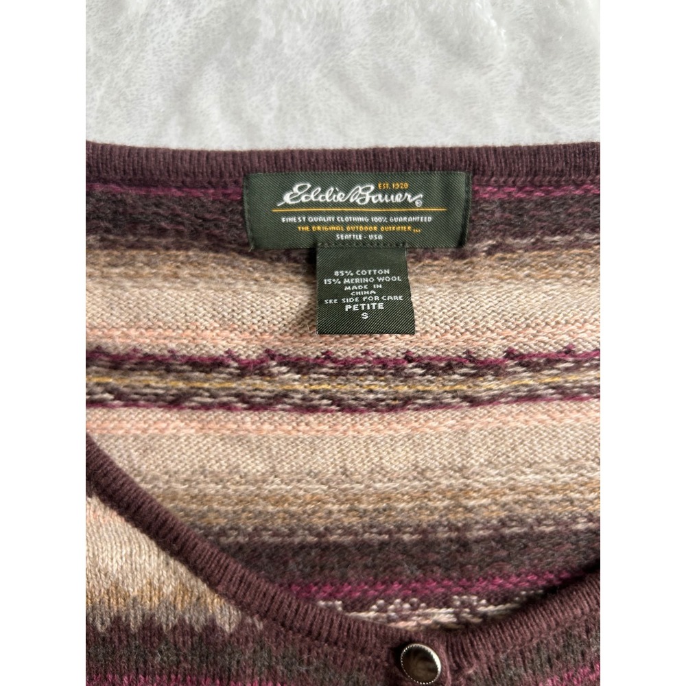 Eddie Bauer Womens Petite Small Fair Isle Cotton Merino Wool Cardigan Tan Brown - Picture 2 of 5